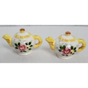 Vintage Ceramic Salt & Pepper Shakers Teapot with Floral Painting and Stripes